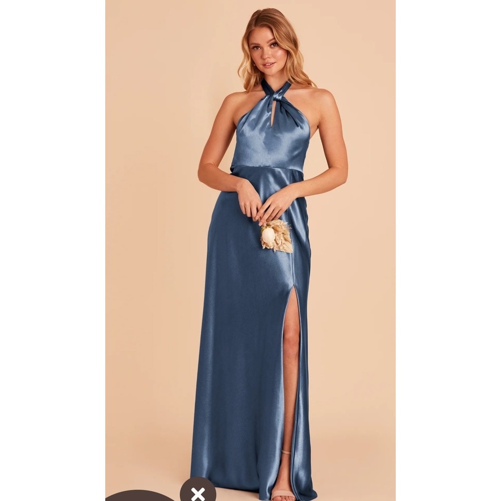 Birdy Grey Monica Shiny Blue Long Satin Bridesmaid Dress Halter Style NWT Size S